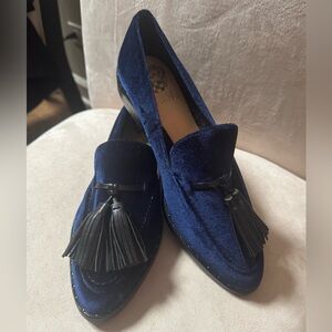 Vince Camuto Blue Velvet Loafers with Black Tassels